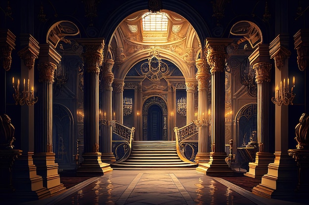 Fantasy-Palast-Interieur mit goldenem Dekor und Schloss Generative AI