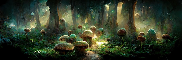 Fantasy-Pilzwald, Bäume, Natur, verzaubert. Pilzlandschaft. Digitale 3D-Illustration