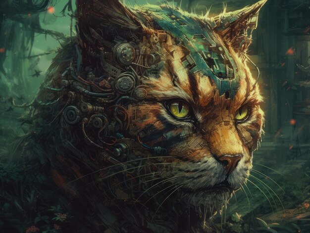 Fantasy-Porträt einer Katze im Steampunk-Stil, erstellt mit generativer KI-Technologie