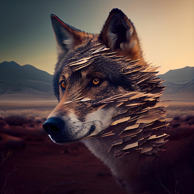 Fantasy-Porträt eines Wolfes in der Wüste, 3D-Rendering