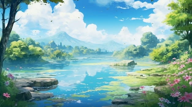 Foto fantasy-sommer-hintergrund mit natürlicher landschaft im cartoon-anime-illustrationsstil