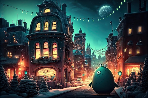 Fantasy-Stadt Weihnachten Winterzeit surreales Bild mit schönen Gebäuden und Schnee Weihnachtsbäume und Glück Generative Ai