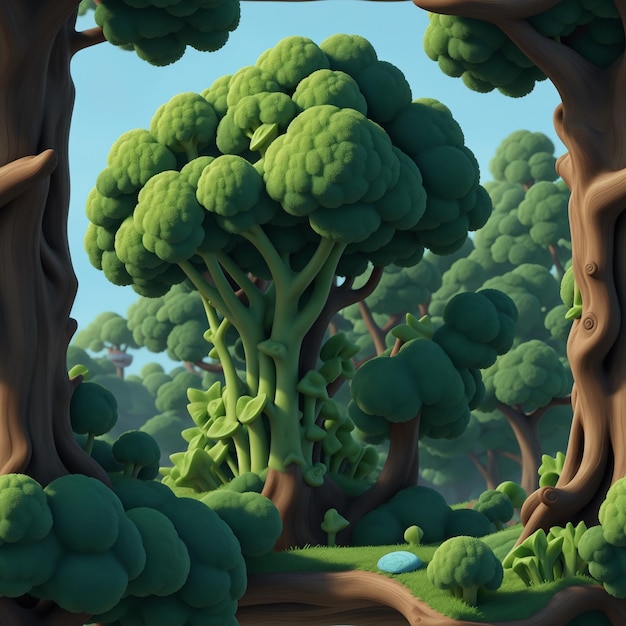 Fantasy-Wald mit grünen Bäumen und Büschen 3D-Rendering-Illustration