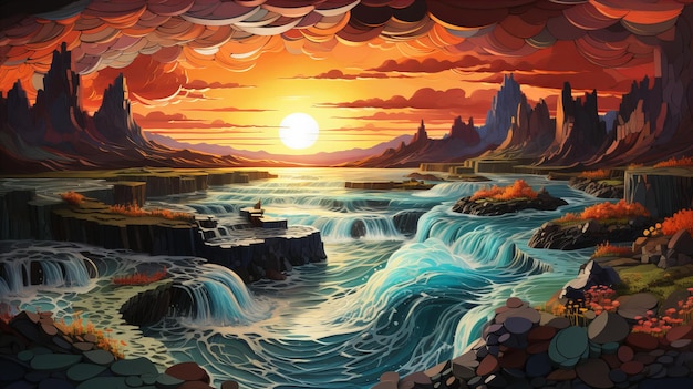 Fantasy-Wasserfall in Island im Sonnenuntergang-Papierquilling-Stil