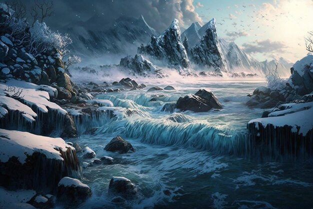 Fantasy Winter Berge gefrorenes Eis Hintergrundbild Ai generierte Kunst