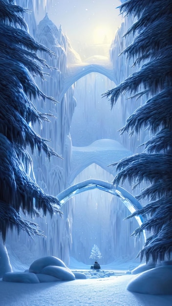 Fantasy-Winterlandschaft gefrorene Flussbäume im Schnee Schöner Winterhintergrund Magische Märchen Neonlandschaft Winterwaldportal Magie 3Dillustration