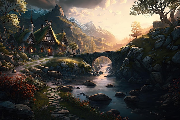 Fantasy-Zwergendorf in den Bergen neben einer Schlucht mit einem rauschenden Fluss und einer Steinbrücke