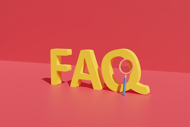 faq pregunta frecuente texto de palabra grande con fondo rojo y herramientas de zoom de aumento. renderizado de ilustración 3d