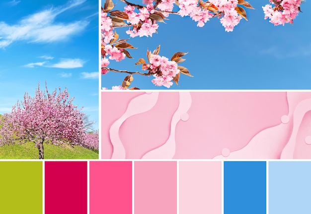 Farbabstimmungspalette aus Bildern von Sakura-Baum unter blauem Himmel auf grünem Hügel, Nahaufnahme auf Kirschblüten, Sakura und abstraktem rosa Papierhintergrund.