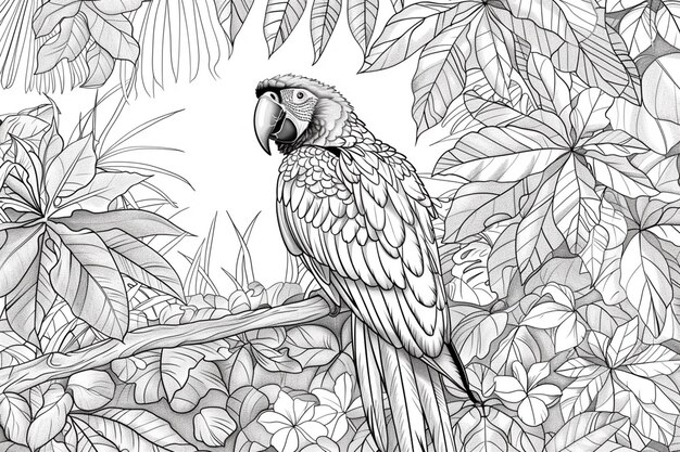 Farbblätter von einem Papagei, der auf einem Zweig im Dschungel sitzt