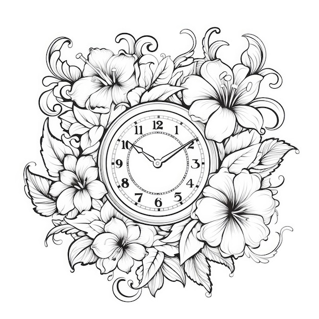 Farbbuch Uhr mit Blumen Farbseite