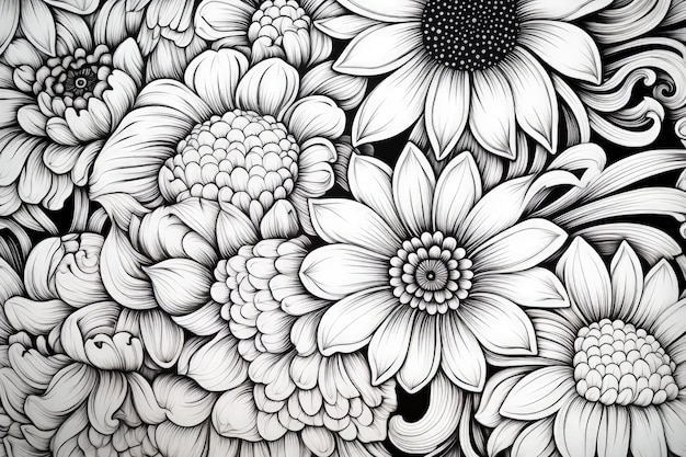 Farbbuchblumen im Doodle-Stil schwarze Umrisse
