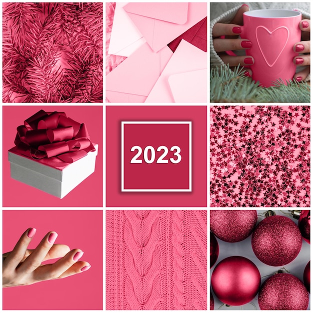 Farbe des Jahres 2023 Viva Magenta Quadratische Weihnachtscollage aus neun trendigen karminroten Hintergründen