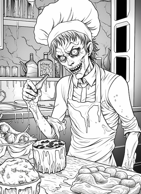 Foto farbe für erwachsene seite eines gruseligen zombie-chefs halloween-illustration