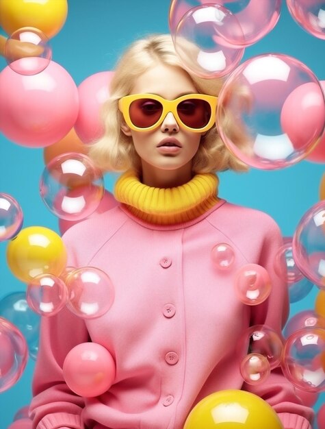 Foto farbe modeblasen hipster-studio-modell brille hut trendy ballon glamour party rosa
