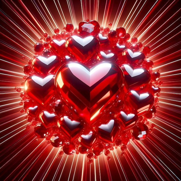 Farbe Rot Glänzende Kristall-Liebesherzen auf radialem Hintergrund