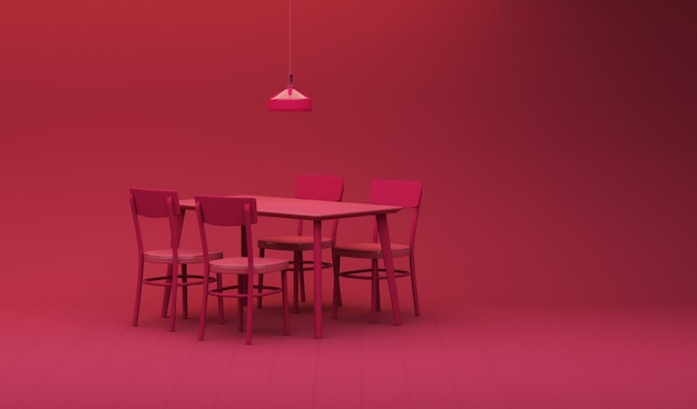 Farbe Viva Magenta mit Tischessen und Lampe. 3D-Rendering