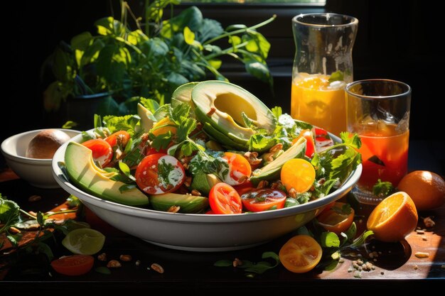 Farbenexplosion und Frische, lebendiger Salat mit Fruchtblättern und Walnüssen, generativ IA