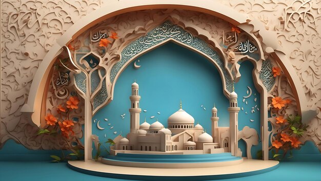 farbenfrohe 3D-Moschee-Illustration, die von KI generiert wurde