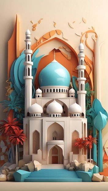 farbenfrohe 3D-Moschee-Illustration, die von KI generiert wurde