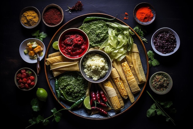 Farbenfrohe Aufnahme einer Platte Tamales mit verschiedenen Füllungen und Saucen