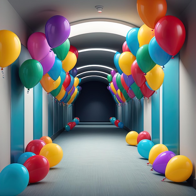 farbenfrohe Ballons im Flur eines modernen Innenraums 3D-Render-Illustrationfarbenrohe Ballons in