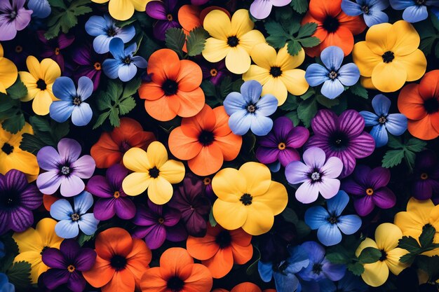 Foto farbenfrohe blumen sind auf einem tisch zu sehen, darunter lila, gelb und lila blumen