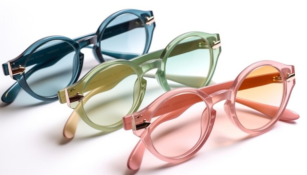 Farbenfrohe Brillenkollektion in moderner, von KI generierter Studioaufnahme