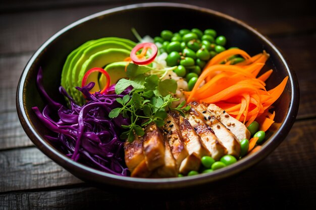 Farbenfrohe Buddha-Schüssel mit gegrilltem Hühnchen und lebendigem Pfeffer