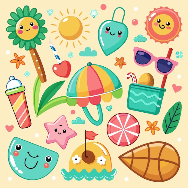Farbenfrohe Cartoon-Sommerillustration mit niedlichen Charakteren