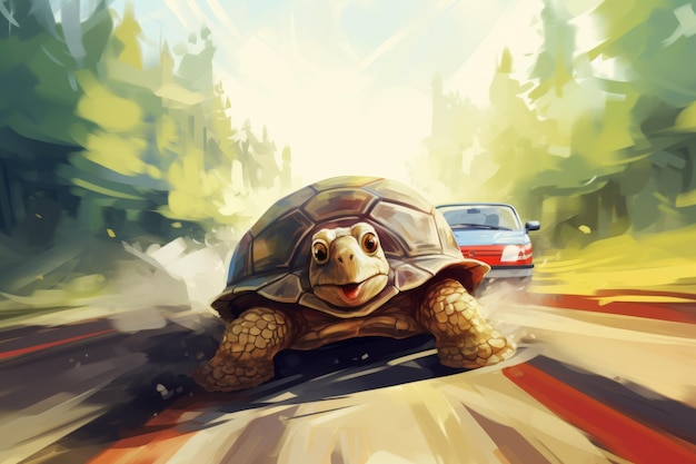 Farbenfrohe Darstellung eines aufregenden Rennens zwischen Schildkröte und Auto auf der Straße
