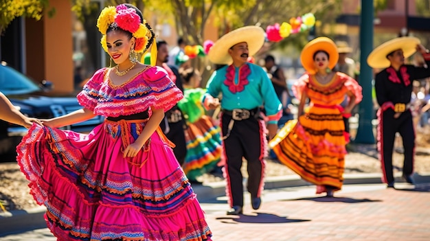farbenfrohe Dekorationen, mexikanische Flaggen, lebhafte Atmosphäre, traditionelle Musik