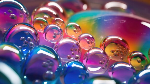 Foto farbenfrohe dynamische zusammensetzung von farbenfrohen seifenblasen mit regenbogenfunkeln auf dem ball