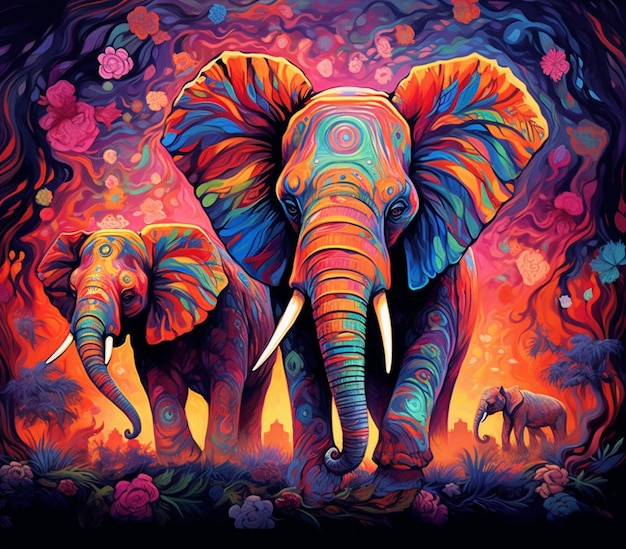 farbenfrohe Elefanten in einem Blumenfeld mit dunklem Hintergrund