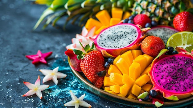 Foto farbenfrohe exotische fruchtplatte auf der tischplatte