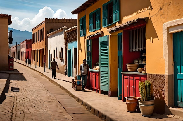 farbenfrohe Fassaden von Geschäften in einem typischen lateinamerikanischen Dorf