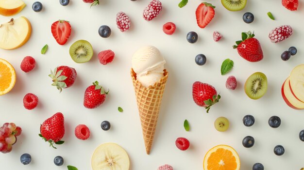 Farbenfrohe Früchte und ein Vanille-Eis auf weißem Hintergrund