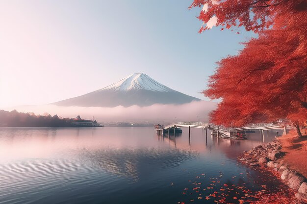 Farbenfrohe Herbstsaison und der Berg Fuji mit roten Blättern am Kawaguchiko-See