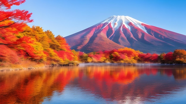 Foto farbenfrohe herbstzeit und der berg fuji mit morgendlicher 8k-tapete