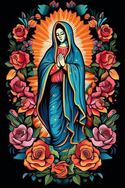 farbenfrohe Illustration Virgen de Guadalupe Vollkörper blumiger Hintergrund