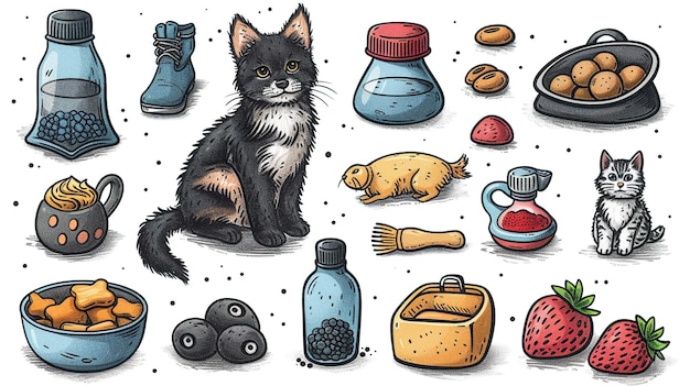 Foto farbenfrohe illustration von kätzchen und verschiedenen haustierzubehör
