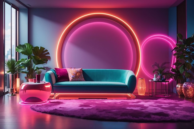 Farbenfrohe Inneneinrichtung des Wohnzimmers mit samtenem, neonfarbenem Luxus
