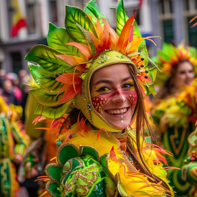 Farbenfrohe Karnevalsparade in Maastricht Lächelnde Frau in Kostüm