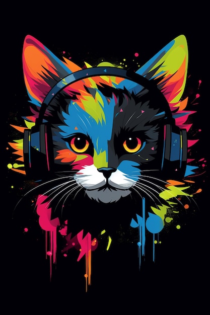 farbenfrohe Katze mit Kopfhörern auf schwarzem Hintergrund