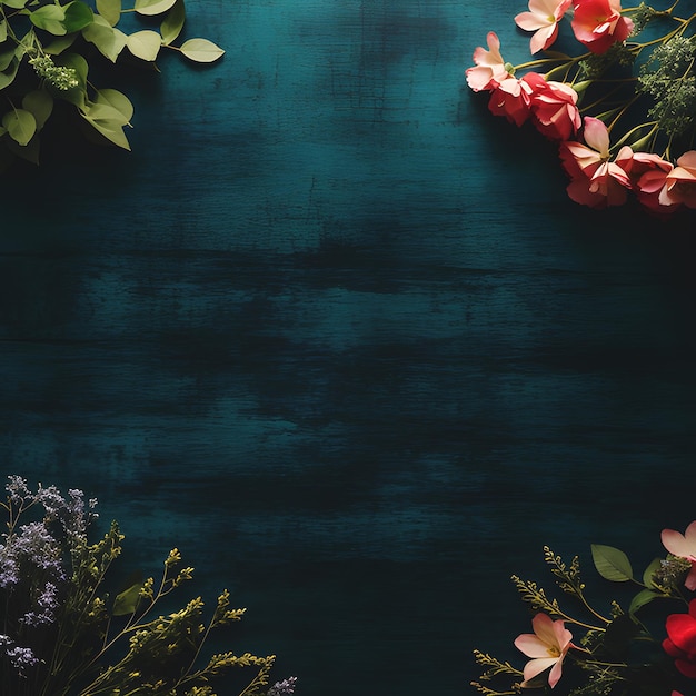 Farbenfrohe, lebendige Frühlingsblumen auf strukturiertem, blaugrünem Holz, bemalt mit dunklem, stimmungsvollem Hintergrund, Draufsicht. Generative KI