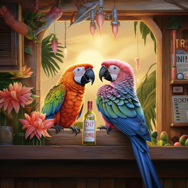 farbenfrohe Papageien sitzen an einer Bar mit einer Flasche Alkohol