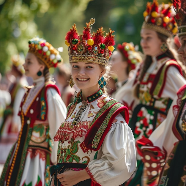 Farbenfrohe Parade in traditioneller lettischer Kostümgruppe von Frauen in lebendiger Kleidung