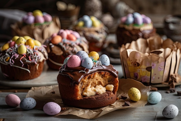 Farbenfrohe Präsentation von Cupcakes mit Schokoladenüberzug auf einem Tisch Generative KI