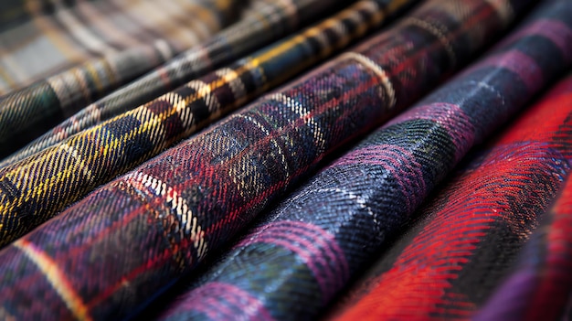 Foto farbenfrohe rollen aus tartan-tuch nahaufnahme