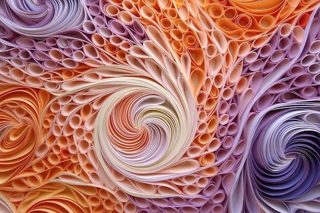 Farbenfrohe Tapete mit Wirbelmuster im Stil einer realistischen Farbpalette in Hellviolett und Orange
